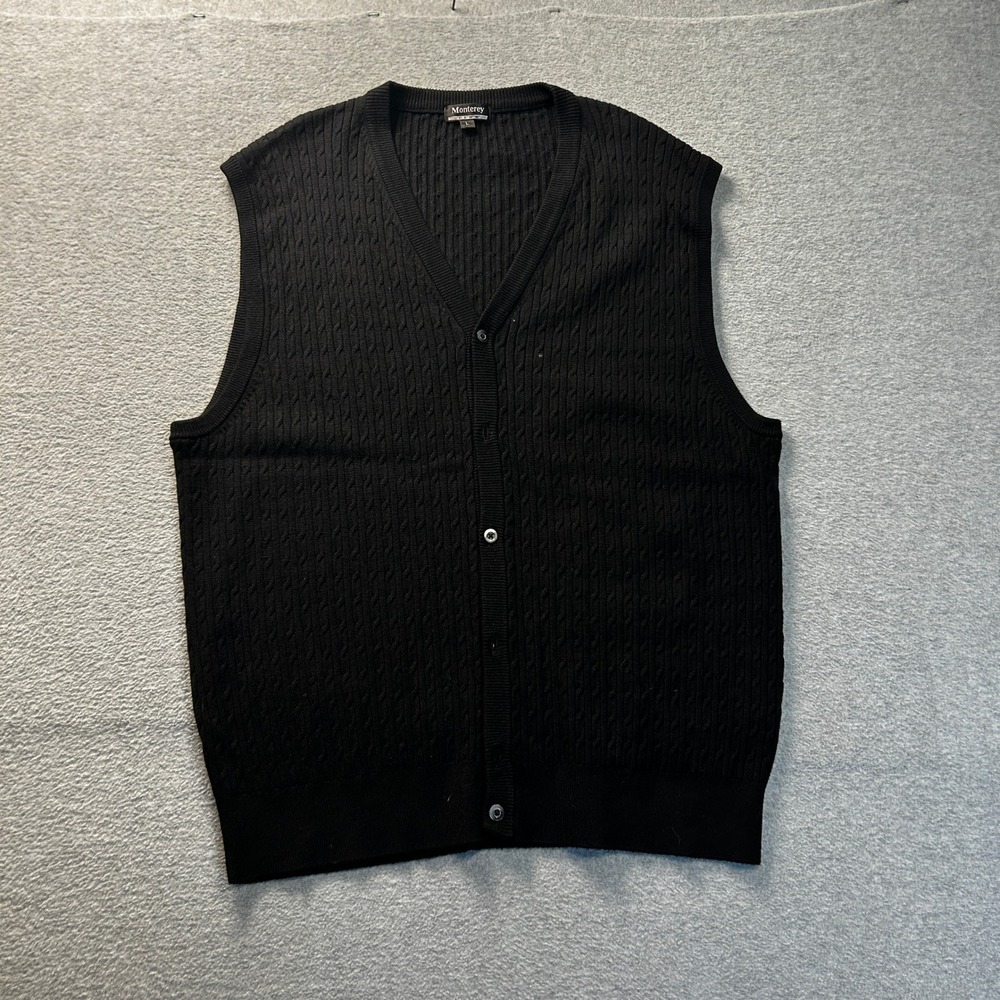 Monterey Club Front Sweater Vest Golf Mens Large Black Cable Knit Button
